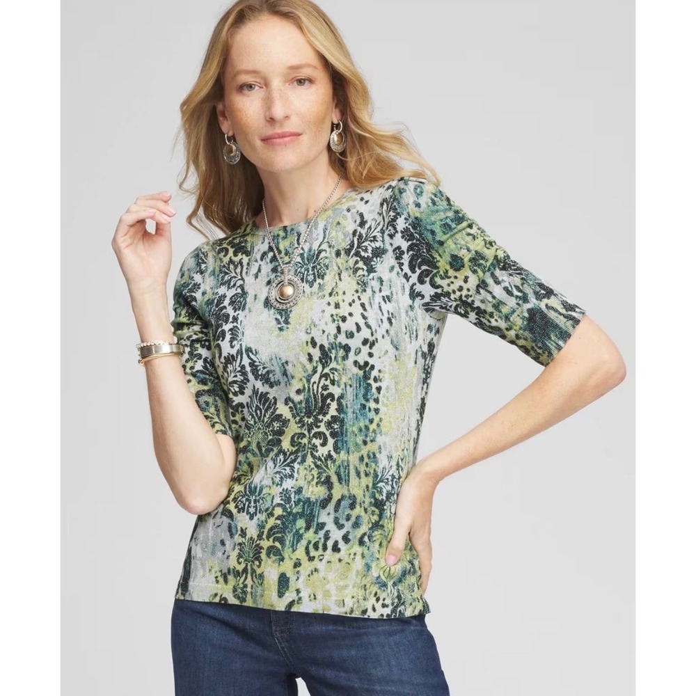 Chico's Animal Print Short-Sleeve Pullover Sweater Damask Top 2 L Green Metallic